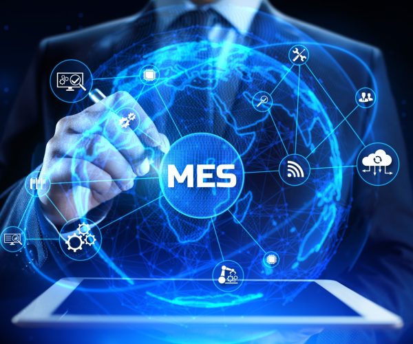 MES Manufacturing execution system technology concept. 3d render robot pressing virtual button.